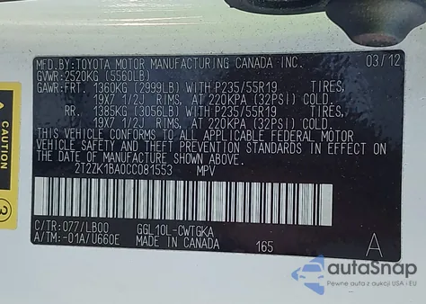 2012 Lexus Rx 350 из США, поврежденный, VIN 2T2ZK1BA0CC081553